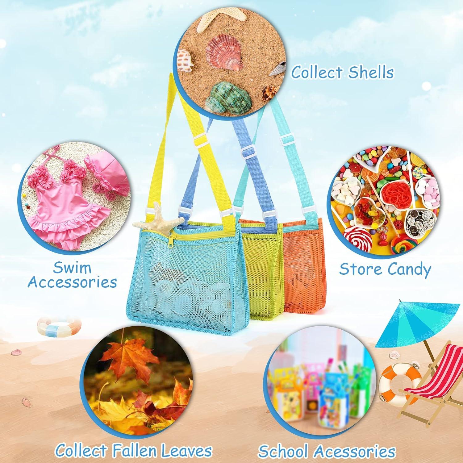 imageTagitary Beach Toy Mesh Beach Bag Kids Shell Collecting Bag Beach Sand Toy Totes for Holding Shells Beach Toys Sand Toys Swimming Accessories for Boys and GirlsOnly BagsA Set of 3Orangegreenblue