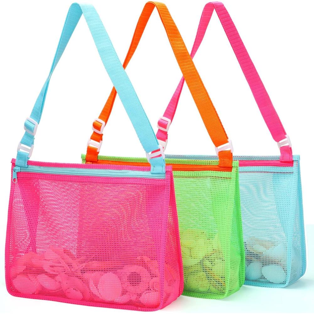 imageTagitary Beach Toy Mesh Beach Bag Kids Shell Collecting Bag Beach Sand Toy Totes for Holding Shells Beach Toys Sand Toys Swimming Accessories for Boys and GirlsOnly BagsA Set of 3Greenlight Pinkblue