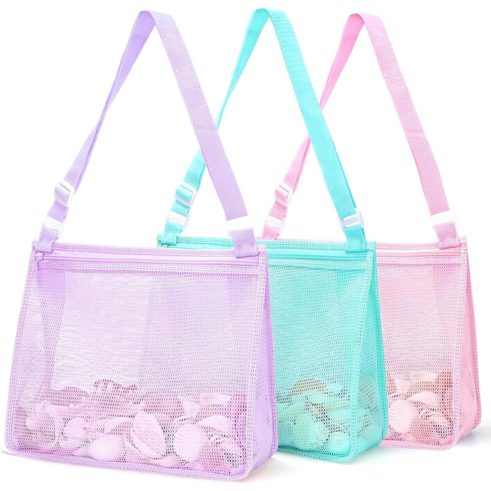 imageTagitary Beach Toy Mesh Beach Bag Kids Shell Collecting Bag Beach Sand Toy Totes for Holding Shells Beach Toys Sand Toys Swimming Accessories for Boys and GirlsOnly BagsA Set of 3Lilac Purplearuba Bluerose Pink