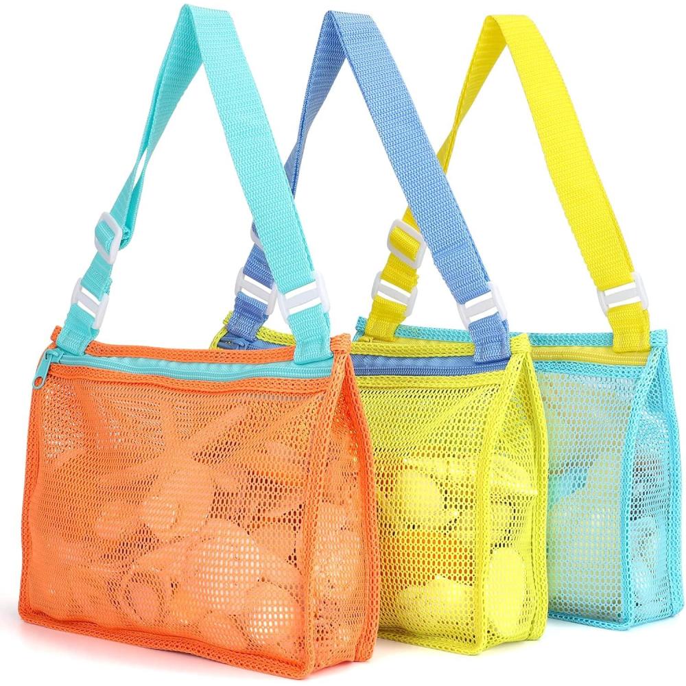 imageTagitary Beach Toy Mesh Beach Bag Kids Shell Collecting Bag Beach Sand Toy Totes for Holding Shells Beach Toys Sand Toys Swimming Accessories for Boys and GirlsOnly BagsA Set of 3Orangegreenblue