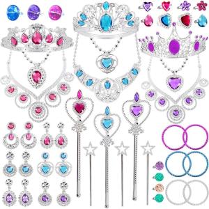 imagePrincess Pretend Jewelry Toy 48 Pcs Jewelry Dress Up Play Set for Girls Included Tiaras Necklaces Wands Rings Earrings and Bracelets Kids Play Jewelry Set for Girls