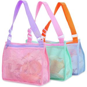 imageTagitary Beach Toy Mesh Beach Bag Kids Shell Collecting Bag Beach Sand Toy Totes for Holding Shells Beach Toys Sand Toys Swimming Accessories for Boys and GirlsOnly BagsA Set of 3BluePinkLight Green