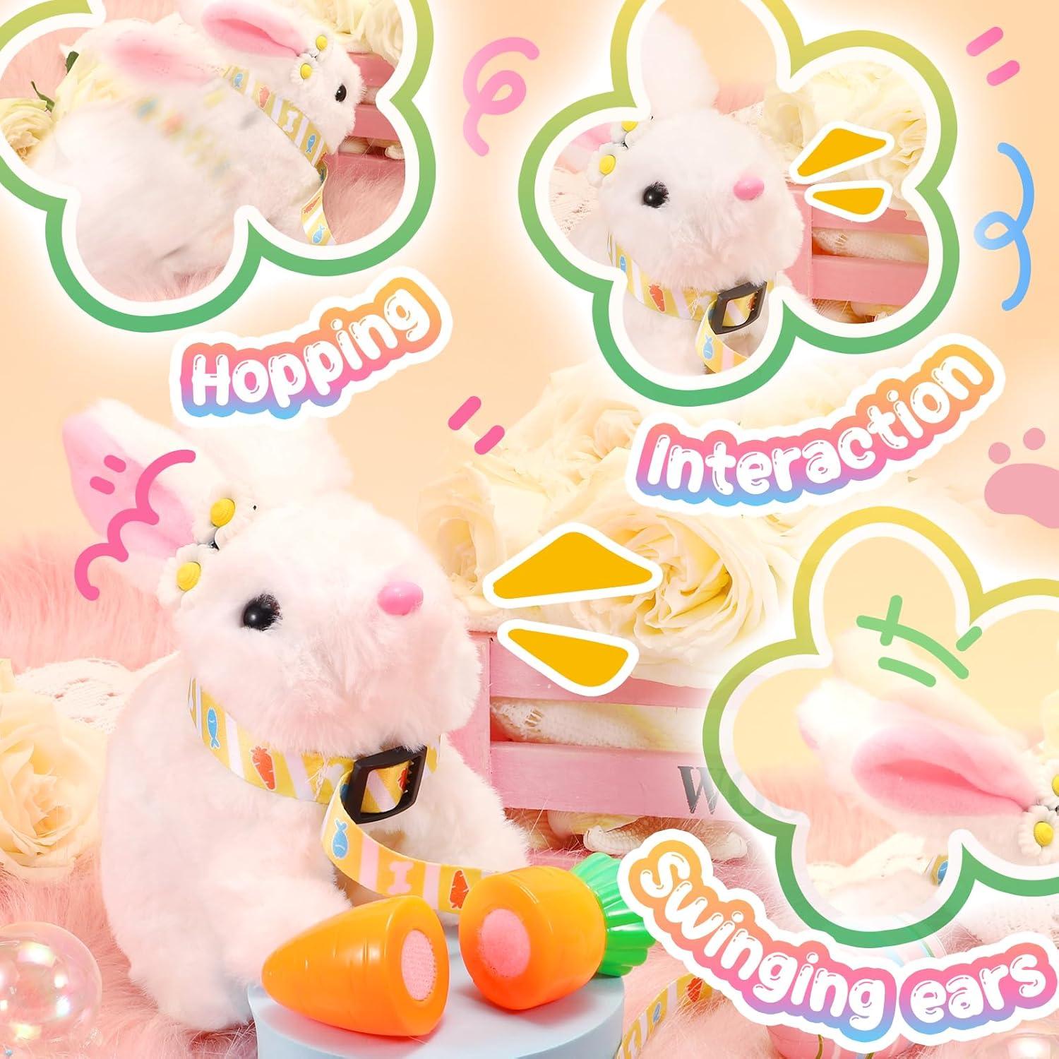 imageTagitary Plush Toys Bunny Electronic Toy with SoundsWiggling EarsHoppingTwitching Mouth and Nose Interactive Rabbit Toy for Kids with LeashEaster Birthday Gift for Toddlers KidsWhite