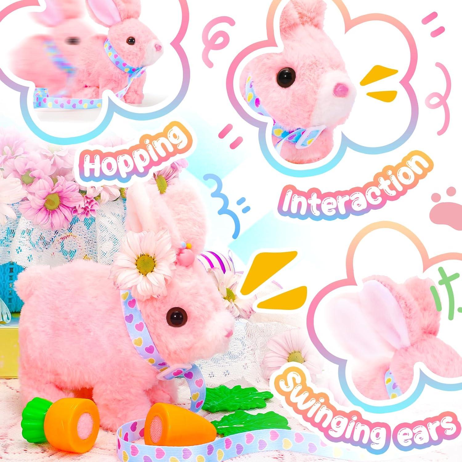 imageTagitary Plush Toys Bunny Electronic Toy with SoundsWiggling EarsHoppingTwitching Mouth and Nose Interactive Rabbit Toy for Kids with LeashEaster Birthday Gift for Toddlers KidsPink