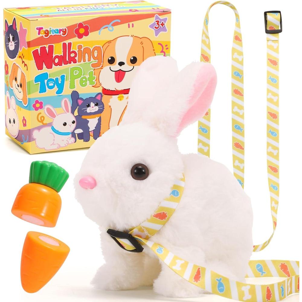 imageTagitary Plush Toys Bunny Electronic Toy with SoundsWiggling EarsHoppingTwitching Mouth and Nose Interactive Rabbit Toy for Kids with LeashEaster Birthday Gift for Toddlers KidsWhite