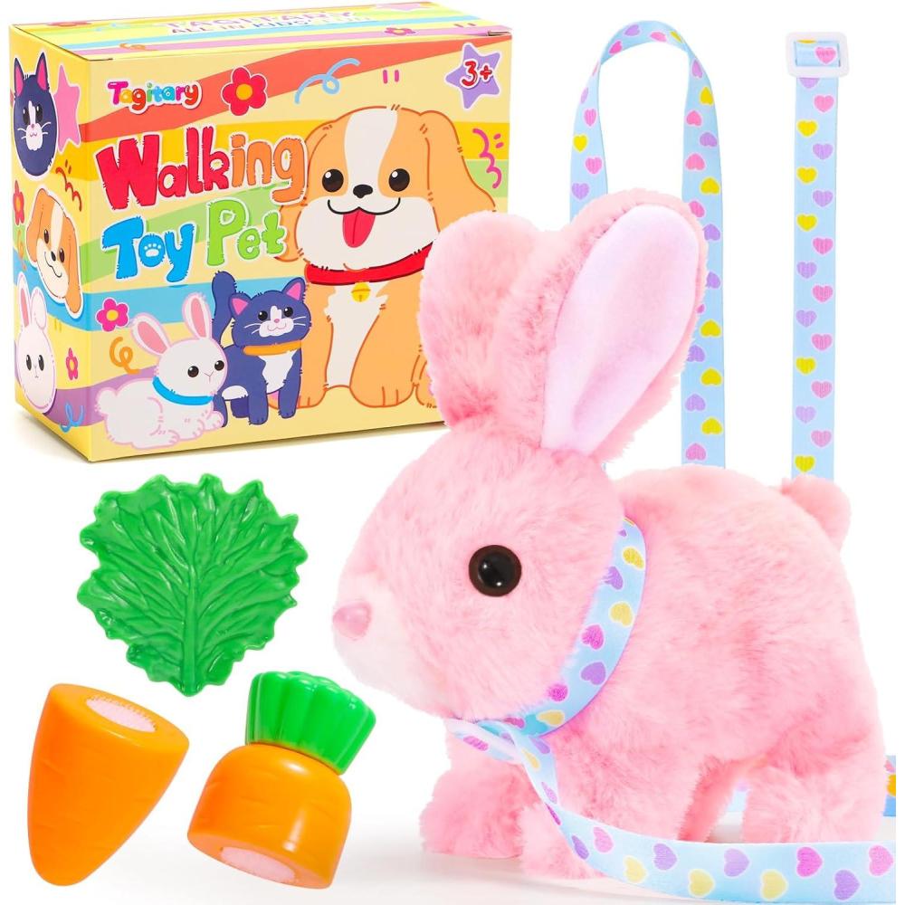 imageTagitary Plush Toys Bunny Electronic Toy with SoundsWiggling EarsHoppingTwitching Mouth and Nose Interactive Rabbit Toy for Kids with LeashEaster Birthday Gift for Toddlers KidsPink