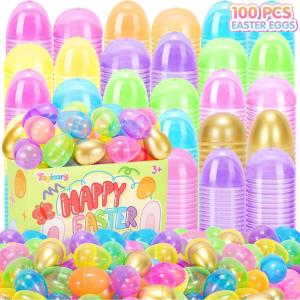 imageTagitary Easter Eggs Set 100PCSColorful Bright Easter Egg Fillable Include 10 Golden EggsEmpty Bulk for Easter Theme Party Favors for KidsPerfect for Easter Egg Hunt Basket Stuffers Classroom Prize
