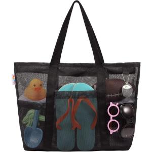 imageTagitary Mesh Beach Bag with Zipper Large Beach Tote Waterproof Sandproof with 8 Pockets for Toys Pool Bag Beach AccessoriesBlack