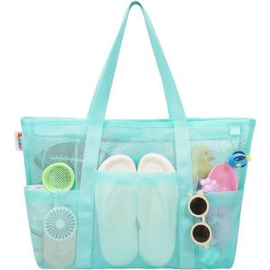 imageTagitary Mesh Beach Bag with Zipper Large Beach Tote Waterproof Sandproof with 8 Pockets for Toys Pool Bag Beach AccessoriesBlue