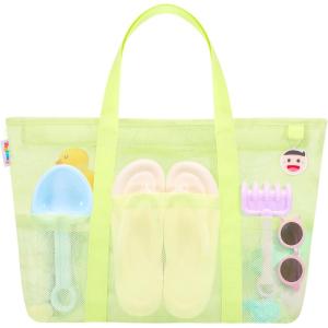 imageTagitary Mesh Beach Bag with Zipper Large Beach Tote Waterproof Sandproof with 8 Pockets for Toys Pool Bag Beach AccessoriesGreen