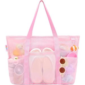 imageTagitary Mesh Beach Bag with Zipper Large Beach Tote Waterproof Sandproof with 8 Pockets for Toys Pool Bag Beach AccessoriesPink