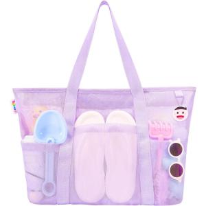 imageTagitary Mesh Beach Bag with Zipper Large Beach Tote Waterproof Sandproof with 8 Pockets for Toys Pool Bag Beach AccessoriesPurple