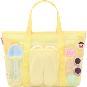 imageTagitary Mesh Beach Bag with Zipper Large Beach Tote Waterproof Sandproof with 8 Pockets for Toys Pool Bag Beach AccessoriesYellow