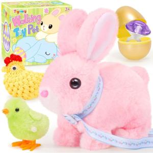 imageTagitary Plush Toys Interactive Bunny for Kids That Wiggling EarsHoppingTwitching Nose with SoundsRealistic Rabbit Toy with LeashGolden EggWind Up ToysEaster Birthday Gift for ToddlersPink