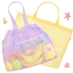 imageTagitary Beach Toys Kids Beach Bag Tote with DrawstringYellow Purple Mesh Bag Travel Beach Essentials for Kids Swim Pool Gym Bag Camping Accessories Toys Storage Lightweight Foldable Birthday GiftsPurple Yellow