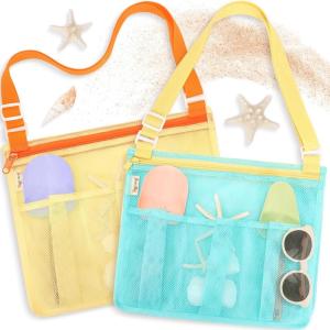 imageTagitary Beach Toys Mesh Beach Bags with Zipper Kids Pool Sand Toys Seashell Crossbody for Boys and Girls Summer Vacation EssentialsBlue Yellow