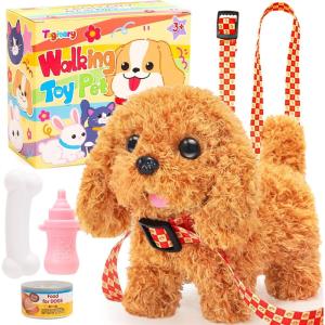 imageTagitary Plush Toys Puppy Electronic Toy Walking and Barking DogsTail Wagging Fake Dog Interactive Dog Toy for Kids with LeashEaster Christmas Birthday Gift for Toddlers KidsA